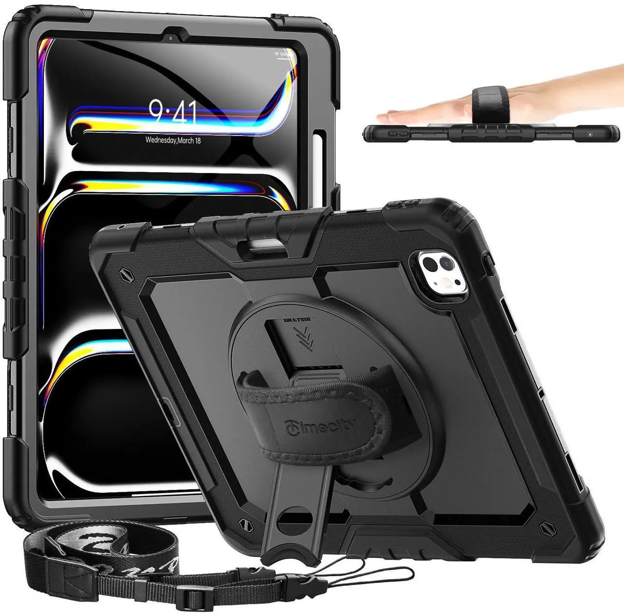 Main image of timecity for iPad Pro 13 Inch M4 Case 2024 7th Gen, 360° Rotating Stand, Pencil Holder & Wireless Charging, Shockproof with Screen Protector & Shoulder Strap - for Designers & Professionals, Black