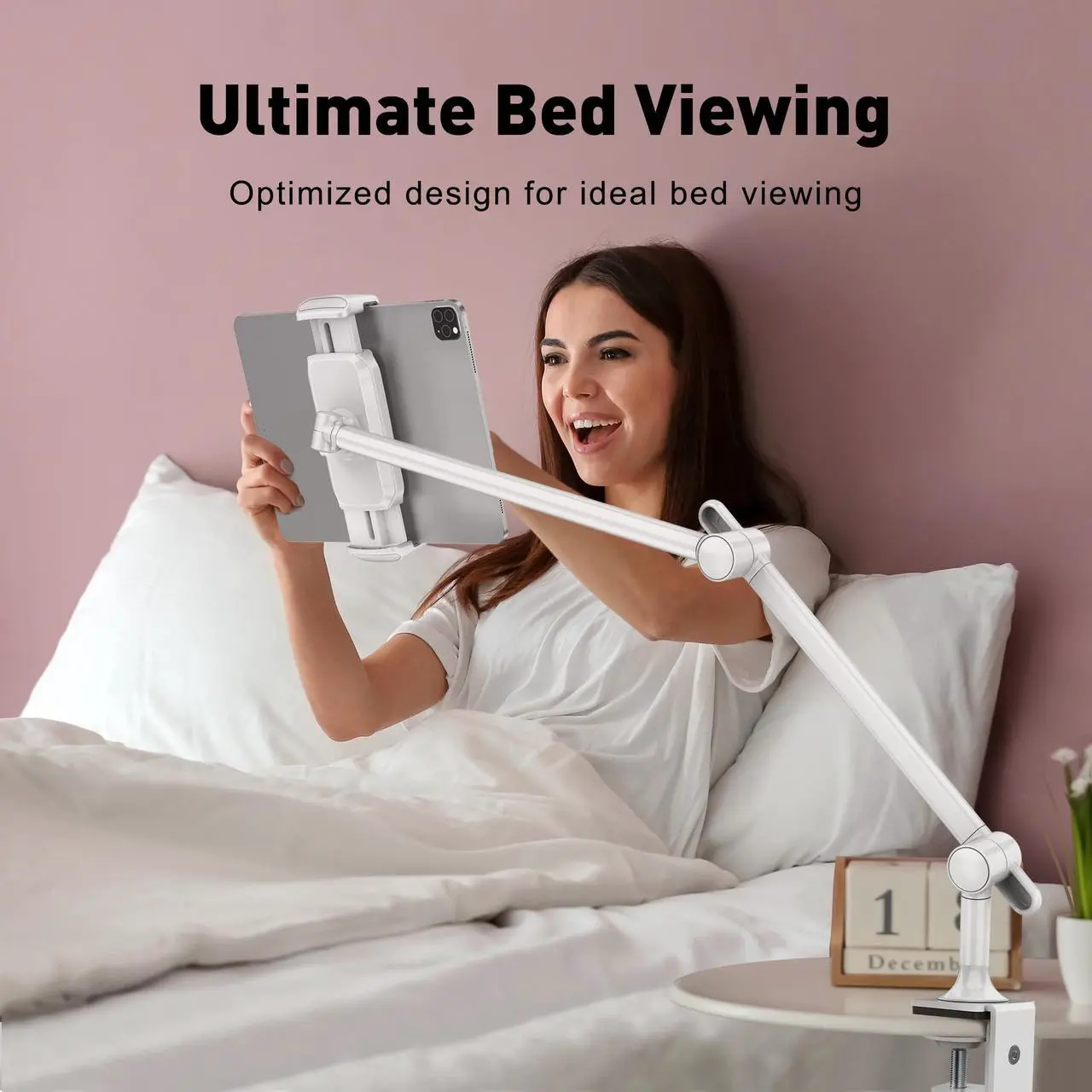Alt view image 2 of 5 - AboveTEK Tablet Stand Holder, Aluminum iPad Holder for Desk & Bed, Adjustable iPad Arm Clamp Mount with 360° Rotation, Overhead Compatible with 4.7"-13.5" iPads Pro/Air/Mini, iPhone, Galaxy Tab- White