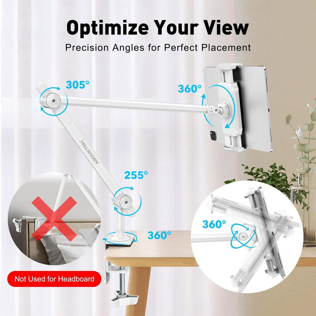 Alt view image 4 of 5 - AboveTEK Tablet Stand Holder, Aluminum iPad Holder for Desk & Bed, Adjustable iPad Arm Clamp Mount with 360° Rotation, Overhead Compatible with 4.7"-13.5" iPads Pro/Air/Mini, iPhone, Galaxy Tab- White