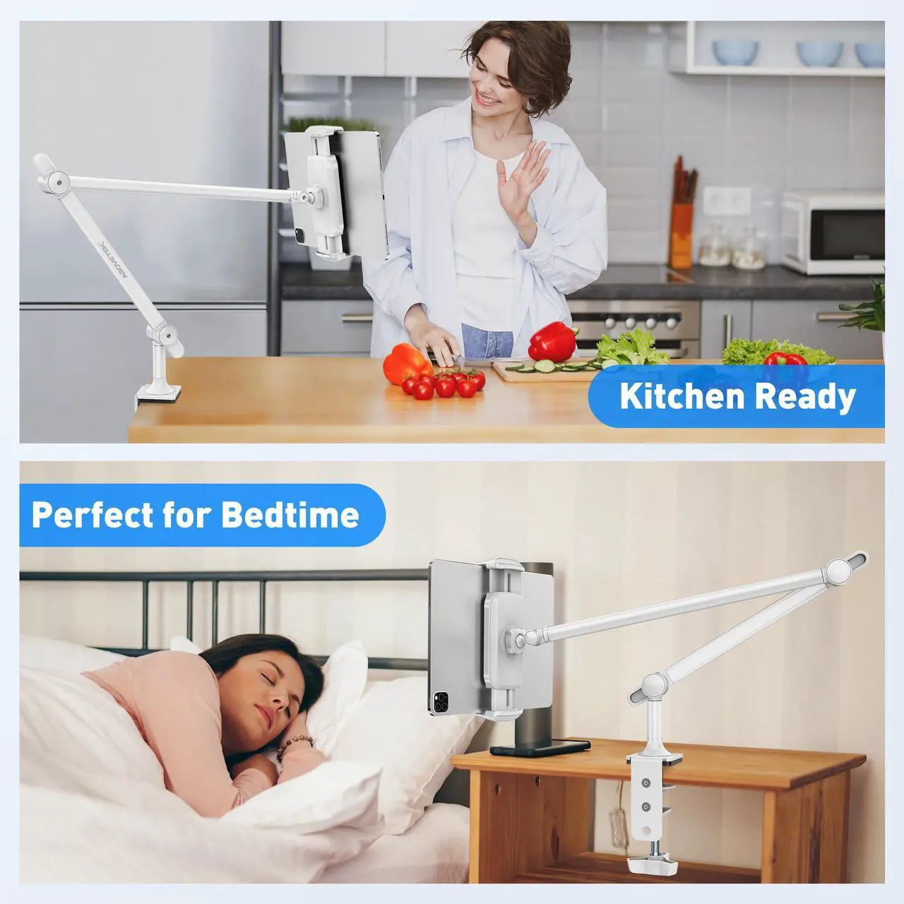 Alt view image 5 of 5 - AboveTEK Tablet Stand Holder, Aluminum iPad Holder for Desk & Bed, Adjustable iPad Arm Clamp Mount with 360° Rotation, Overhead Compatible with 4.7"-13.5" iPads Pro/Air/Mini, iPhone, Galaxy Tab- White