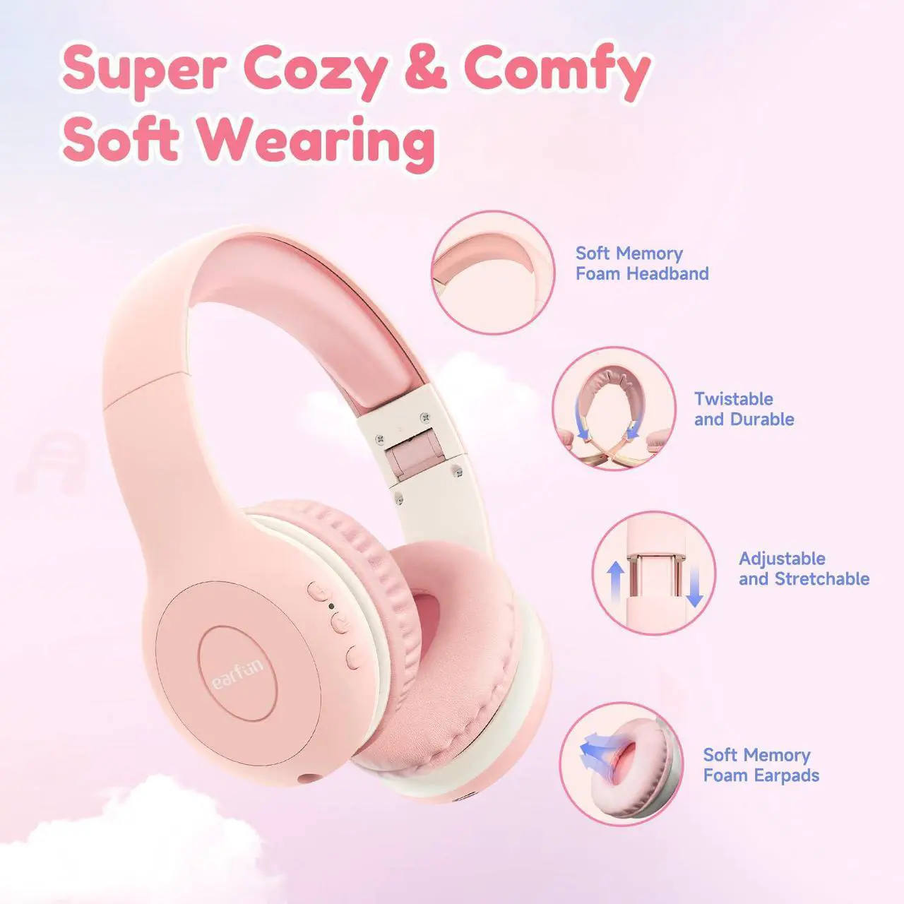 Alt view image 4 of 5 - EarFun K2 Kids Bluetooth Headphones, Kids Headphones with Volume Limited, 40H Playtime, Built-in Mic, Stereo Sound, Foldable Over-Ear Headphone for School/Travel/iPad/Tablet, Pink