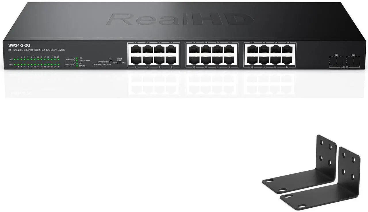 Main image of 24 Port 2.5G Web Managed Ethernet Network Switch 24 x 2.5 Gigabit | 2 x 10G SFP+ | Work with 10-100-1000Mbps Devices | 160G Bandwidth | Fanless Quiet Metal Internet Switch | Rack Mount