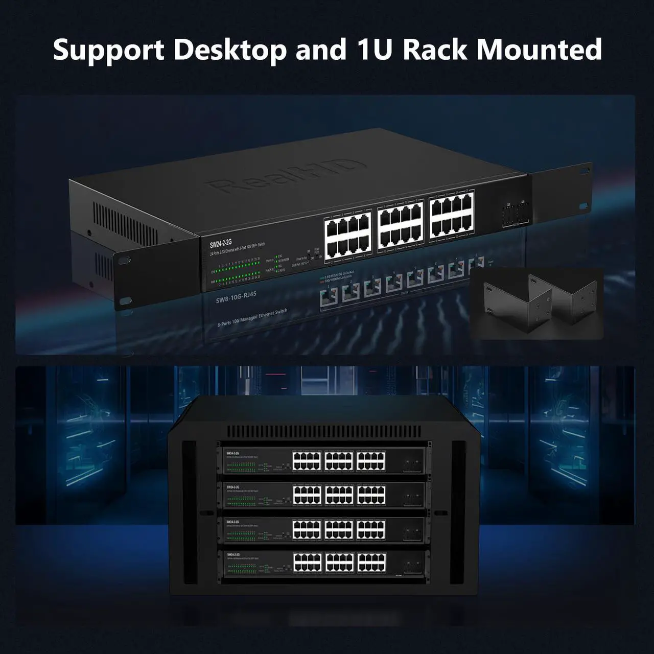 Alt view image 5 of 5 - 24 Port 2.5G Web Managed Ethernet Network Switch 24 x 2.5 Gigabit | 2 x 10G SFP+ | Work with 10-100-1000Mbps Devices | 160G Bandwidth | Fanless Quiet Metal Internet Switch | Rack Mount