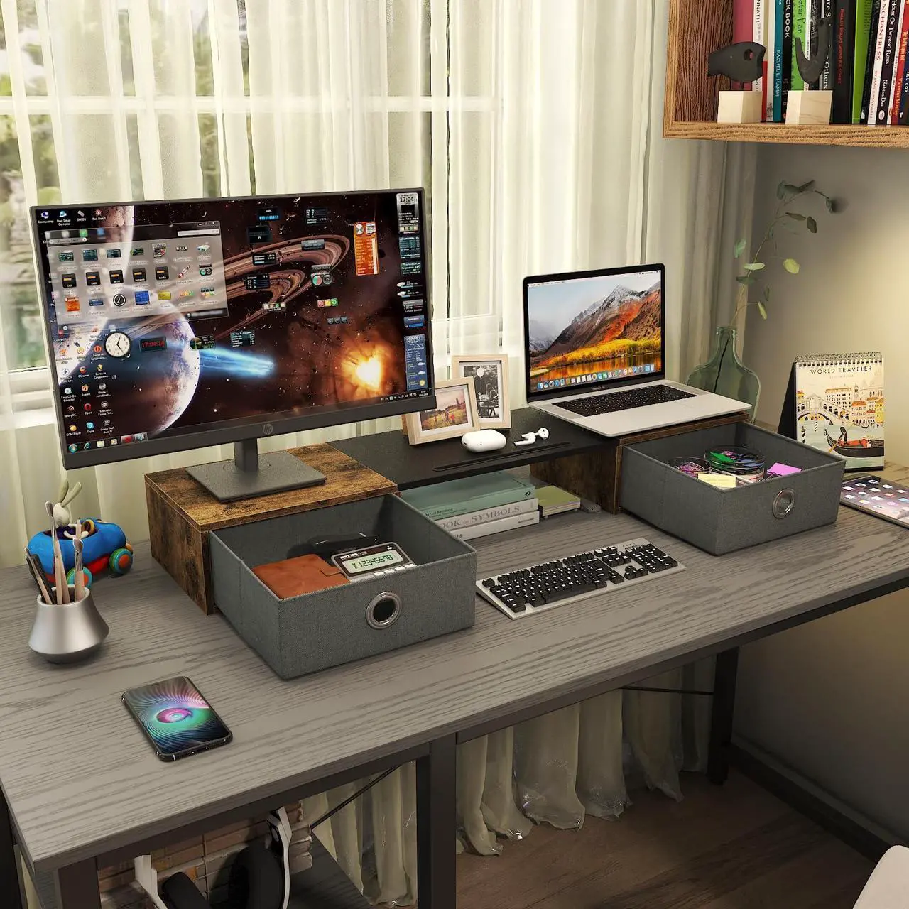 Alt view image 4 of 5 - WESTREE Dual Monitor Stand Riser with Two Drawers, Extra Large Storage for 2 Monitors, Desktop Oraganizer Computer,Laptop,Screen,Printer,TV