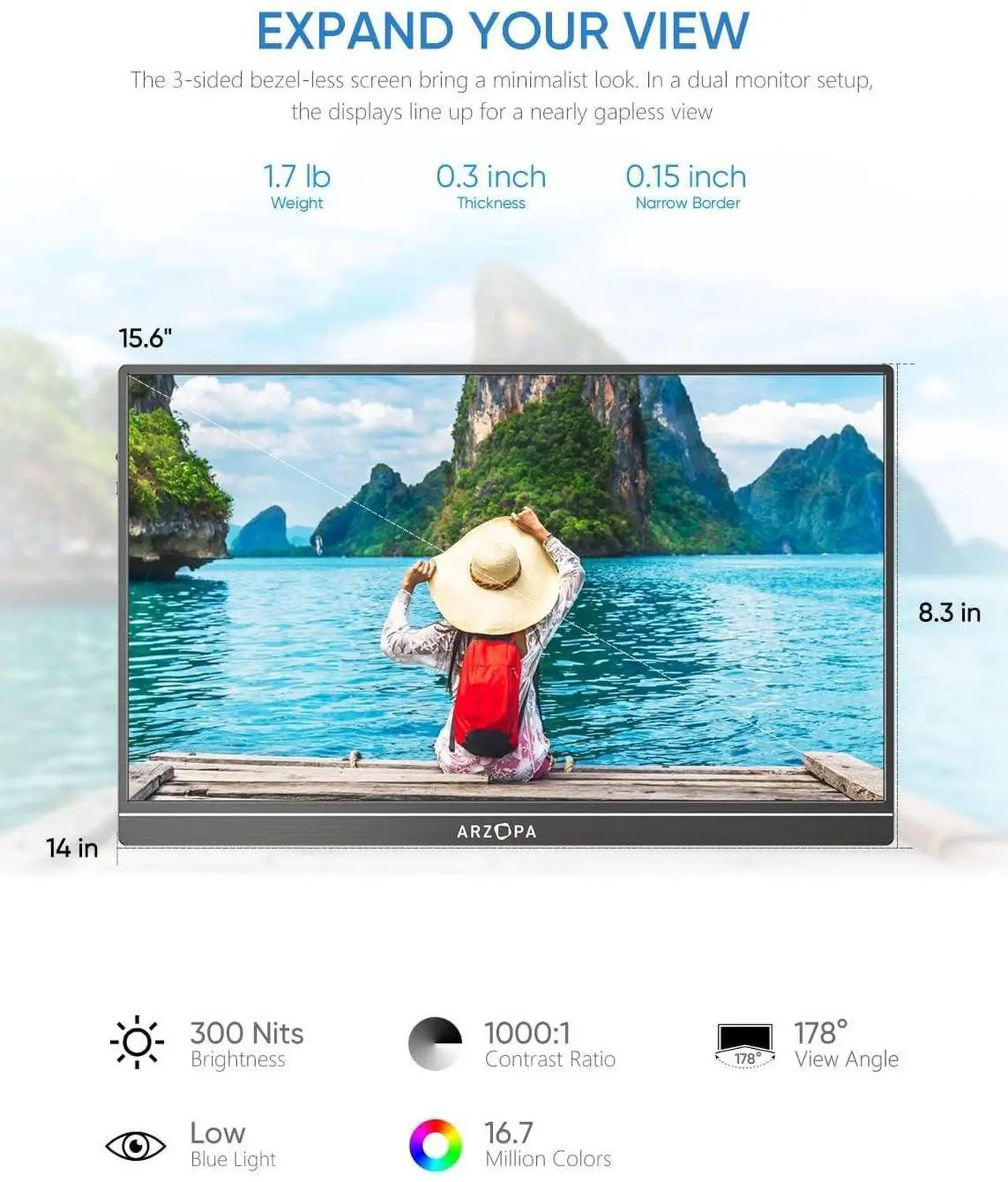 Alt view image 2 of 5 - ARZOPA Portable Monitor, 15.6'' 1080P FHD Laptop Monitor USB C HDMI Computer Display HDR Eye Care External Screen w/Smart Cover for Mac Phone Xbox Switch PS5-S1 Table