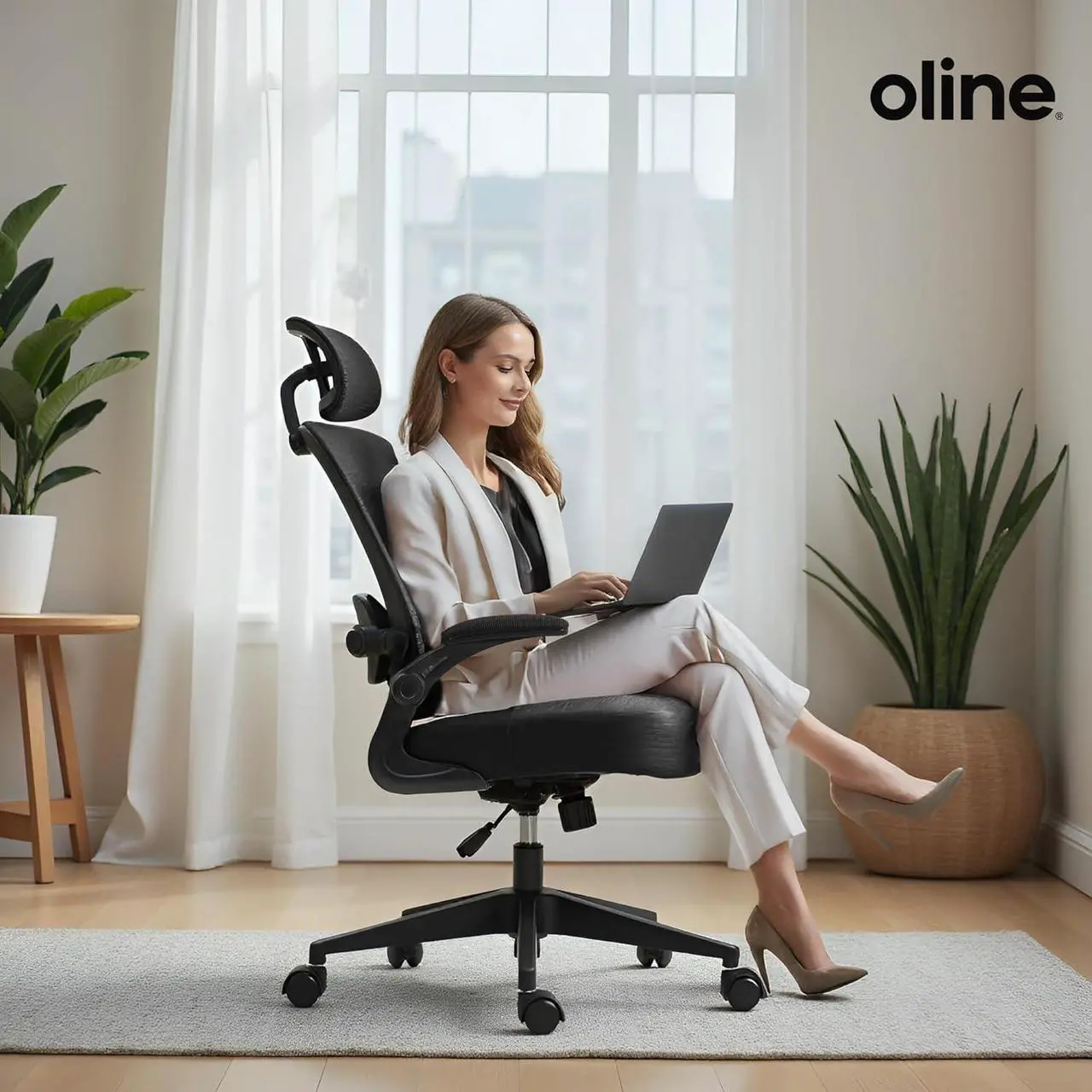 Oline ErgoAir Ergonomic Office Chair – Adjustable Lumbar Support, Flip-Up Armrests, Mesh Computer Desk Chair, Swivel Rolling Executive Gaming Chair for Home & Office (Beige) - Thumbnail 4