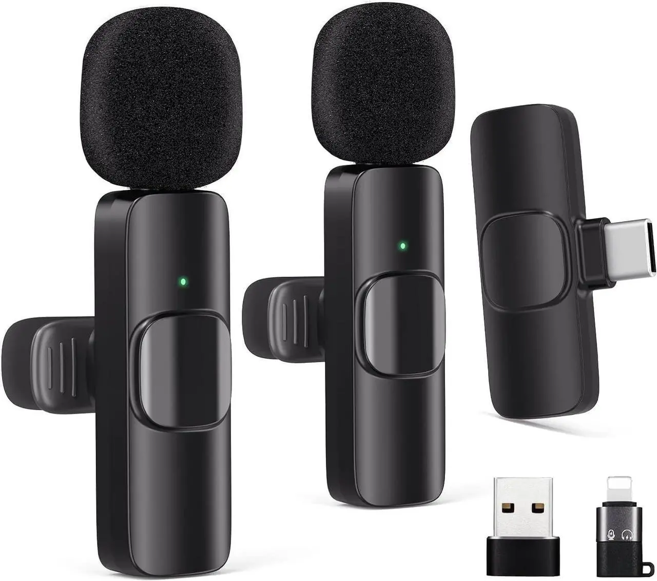 Two black wireless lavalier microphones with a receiver and two adapters