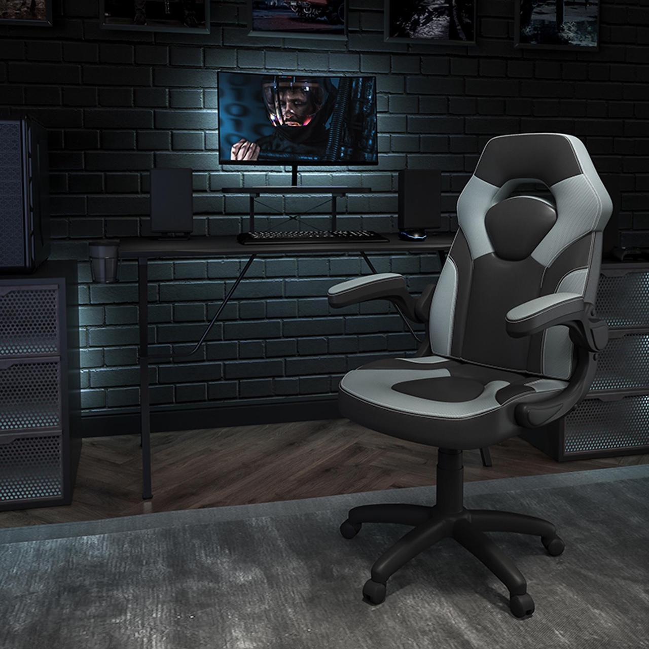Alt view image 9 of 20 - Black Gaming Desk and Gray/Black Racing Chair Set with Cup Holder, Headphone Hook, and Monitor/Smartphone Stand