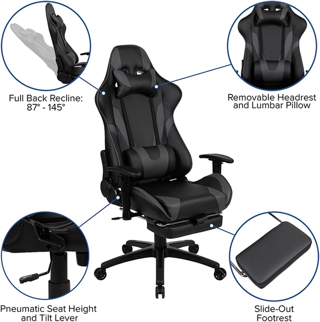 Alt view image 16 of 20 - Black Gaming Desk with Cup Holder/Headphone Hook and Monitor/Smartphone Stand & Gray Reclining Gaming Chair with Footrest