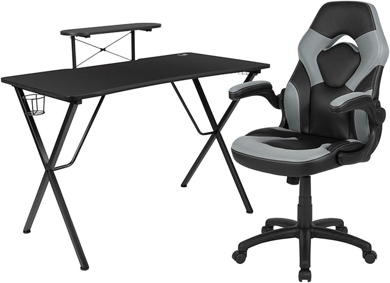 Alt view image 8 of 20 - Black Gaming Desk and Gray/Black Racing Chair Set with Cup Holder, Headphone Hook, and Monitor/Smartphone Stand