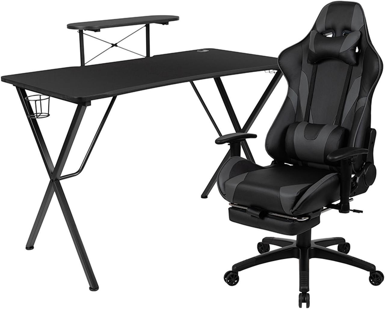 Alt view image 13 of 20 - Black Gaming Desk with Cup Holder/Headphone Hook and Monitor/Smartphone Stand & Gray Reclining Gaming Chair with Footrest