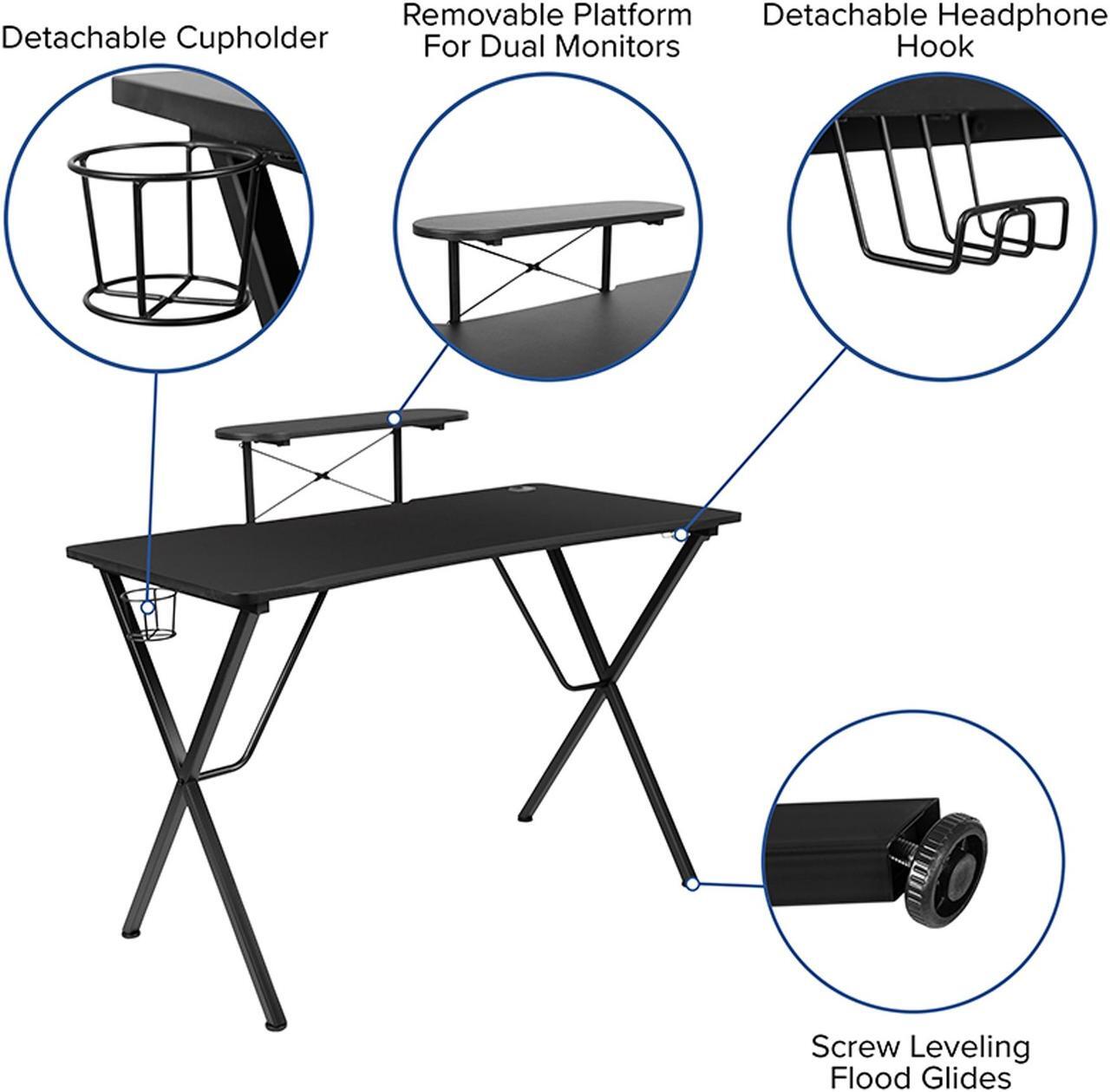 Alt view image 12 of 20 - Black Gaming Desk and Gray/Black Racing Chair Set with Cup Holder, Headphone Hook, and Monitor/Smartphone Stand
