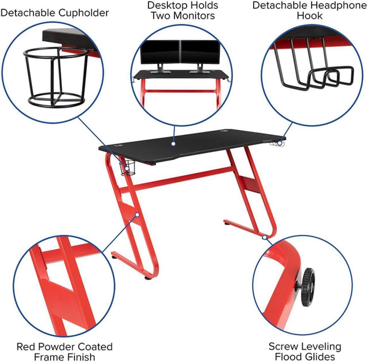 Alt view image 18 of 20 - Red Gaming Desk and Black Reclining Gaming Chair Set with Cup Holder and Headphone Hook