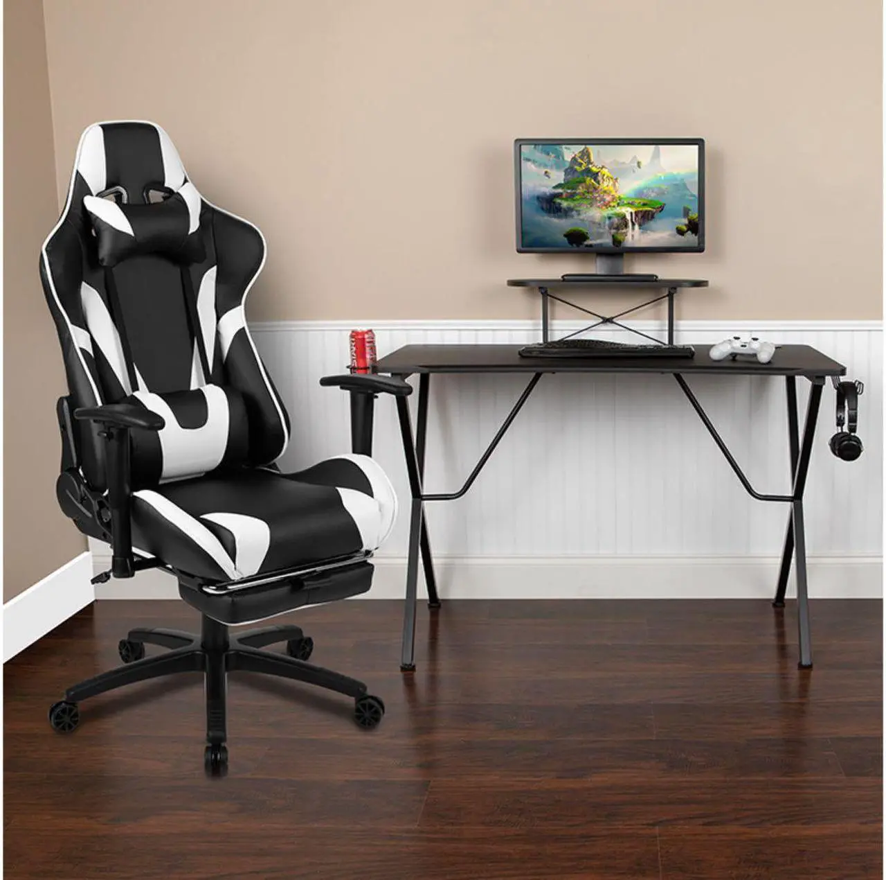 Alt view image 15 of 20 - Black Gaming Desk and Black Footrest Reclining Gaming Chair Set with Cup Holder, Headphone Hook, and Monitor/Smartphone Stand