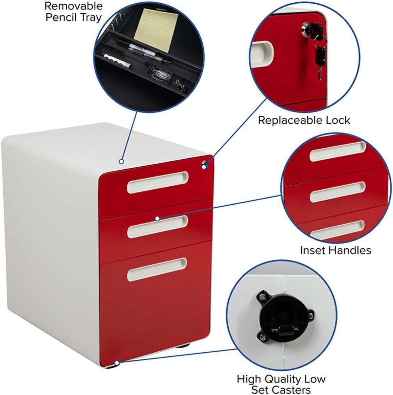 Alt view image 11 of 20 - Flash Furniture 3-Drawer Cabinet Legal & Letter Files White/Red 21" (HZ-AP53501RDWH)