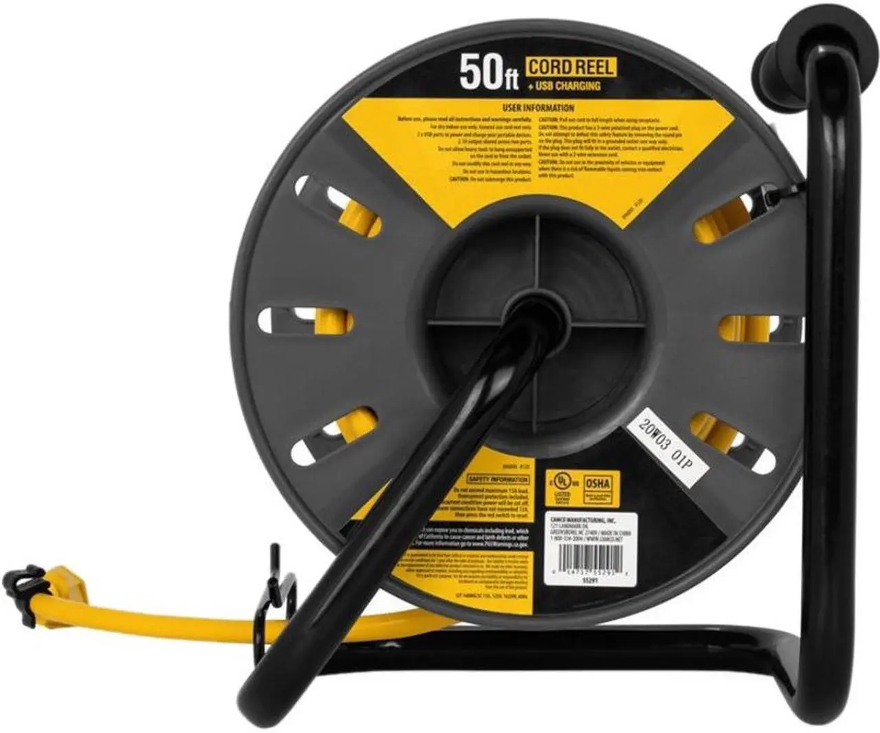 Alt view image 4 of 15 - Camco Power Grip 50-Foot Extension Cord Reel with USB Charging Ports 55291