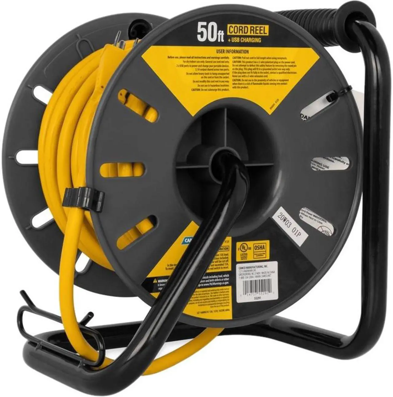 Alt view image 6 of 15 - Camco Power Grip 50-Foot Extension Cord Reel with USB Charging Ports 55291