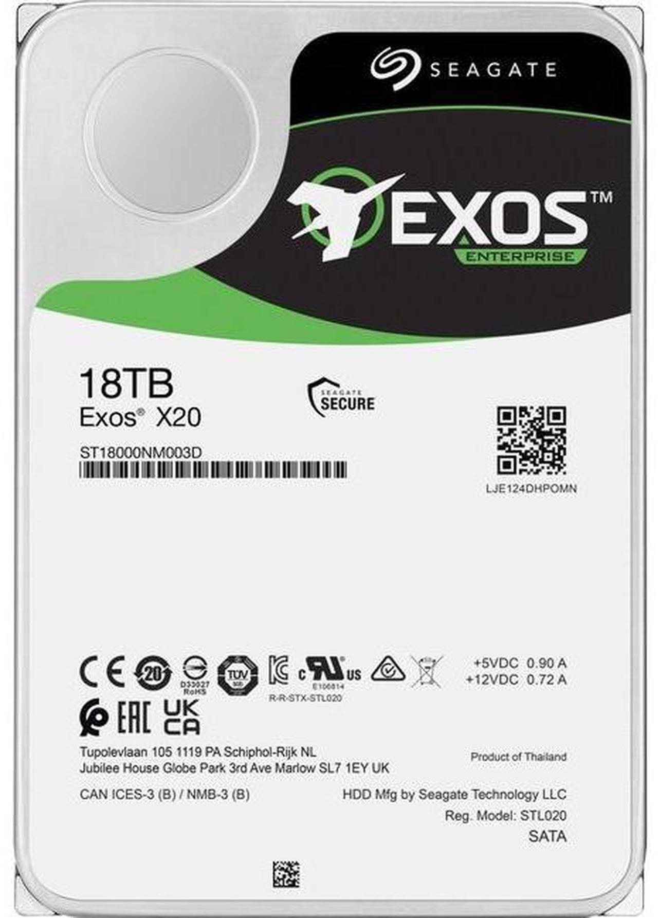 Seagate Exos X20 ST18000NM003D 18TB 7200 RPM 256MB Cache SATA 6.0Gb/s 3.5" Internal Hard Drive