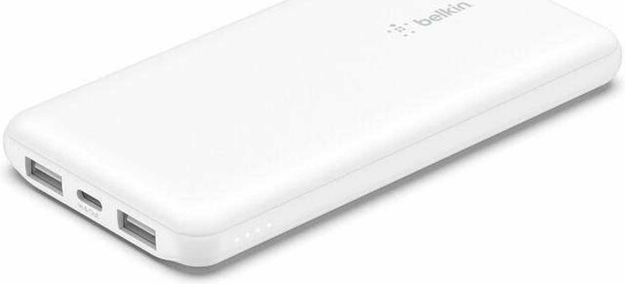 Belkin 15W 3-port USB Power Bank - 10K mAh - 2xUSB-A (12W), 1xUSB-C (15W) - Portable Charger - w/ USB-A to USB-C Cable - White - For iPhone, iPad, AirPod, Smartwatch, Smartphone - 10000 mAh - 3 x USB