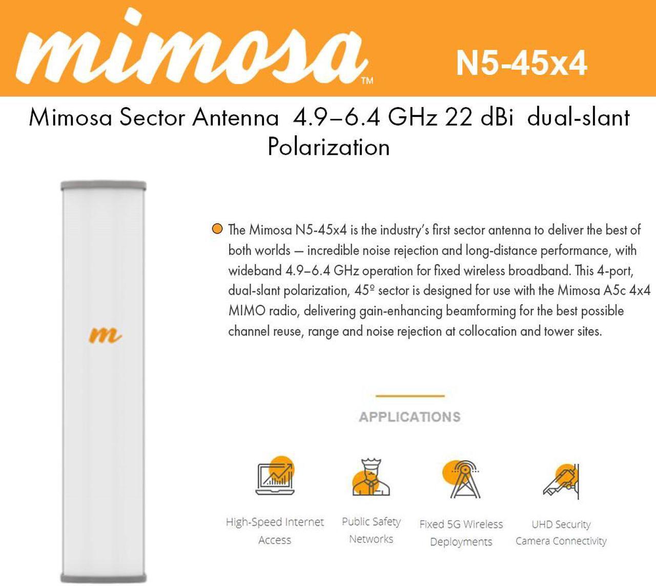 Main image of Mimosa Networks - N5-45X4 - 45 Sector Antenna MIMO 4x4, 4.9 - 6.4 GHz, IP55, 22 dBi Gain, 4 N-Female Connectors,