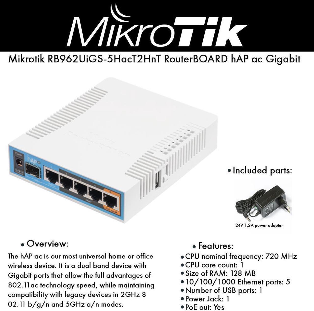 MikroTik - RB962UIGS-5HACT2HNT - MikroTik hAP ac Gigabit Dual Band Indoor Access Point (built-in antennas) INTL