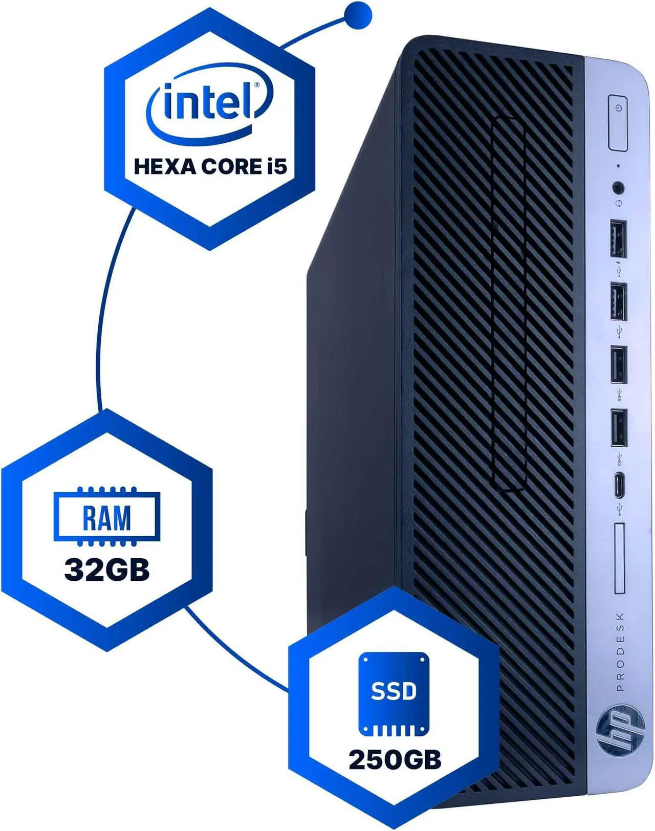 Main image of HP ProDesk 600G4 Desktop Computer | Hexa Core Intel i5 (3.2) | 32GB DDR4 RAM | 250GB SSD Solid State | Windows 11 Professional | WiFi + Bluetooth | Home or Office PC