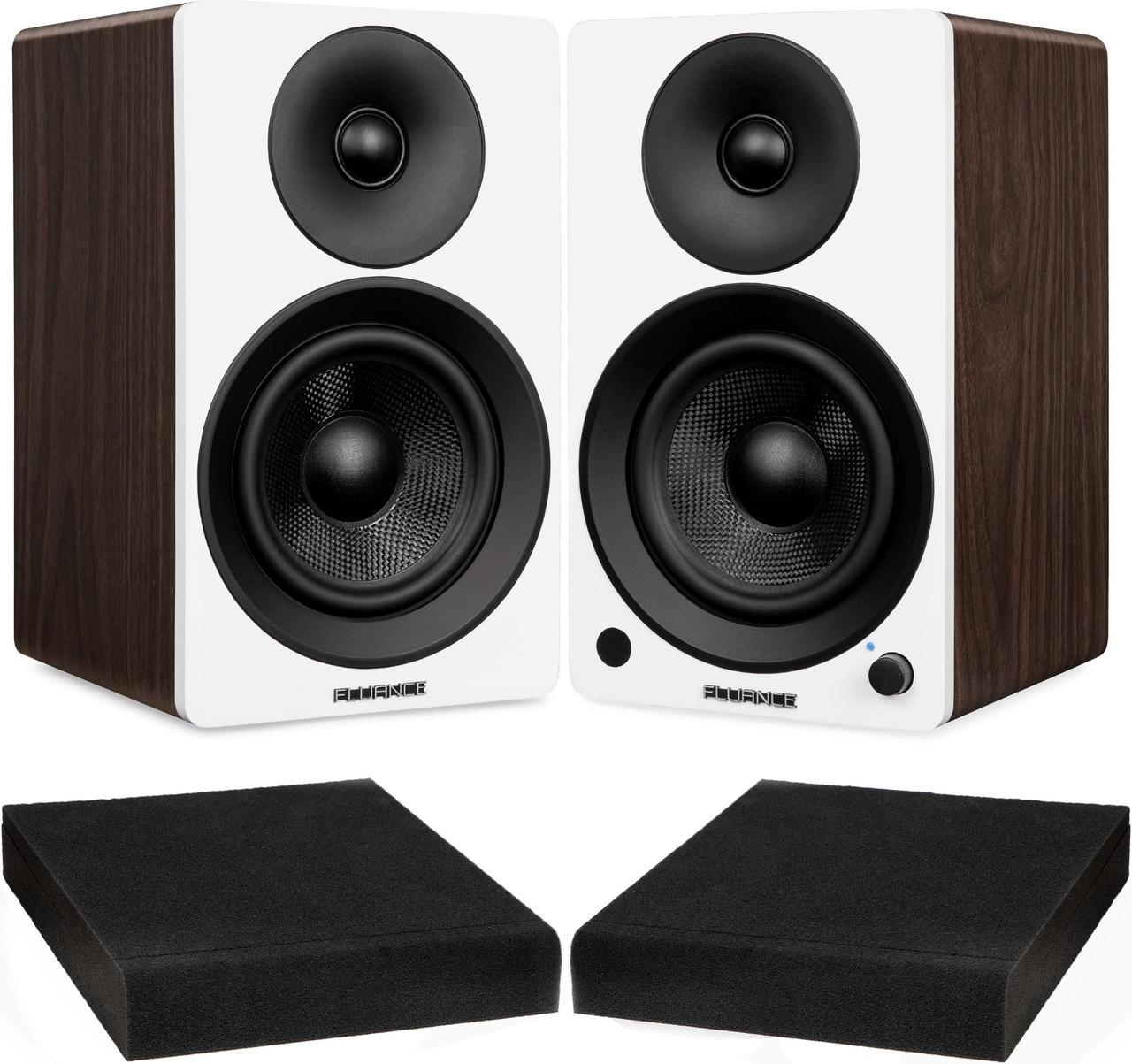 Fluance Ai41 White Walnut Powered 2.0 Stereo Bookshelf Speakers with 5" Drivers, 90W Amplifier for Turntable, TV, PC and Bluetooth 5 and High Density Acoustic Foam Isolation Pads 8.5" x 6.35"