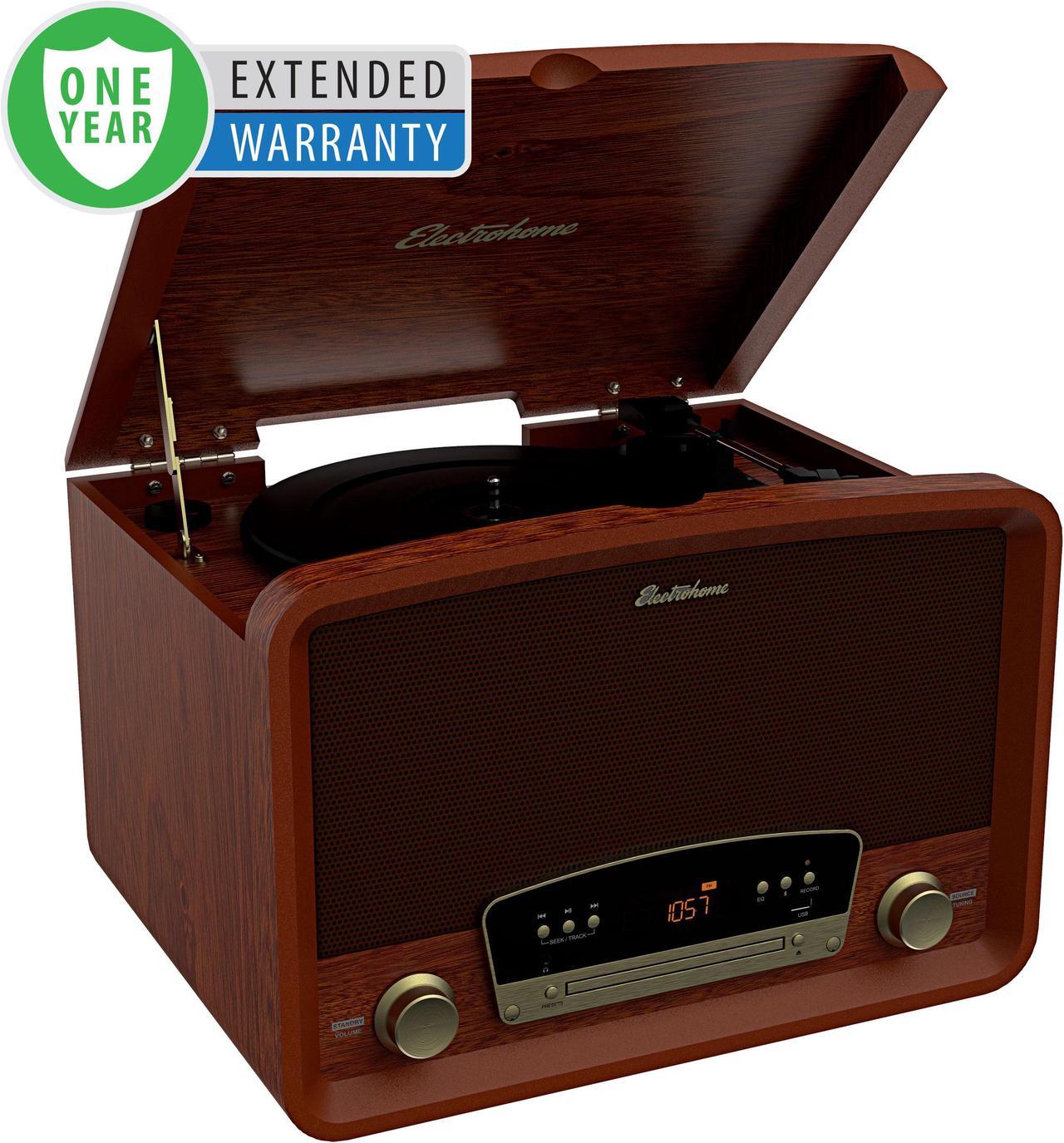 Electrohome Kingston 7-in-1 Vintage Vinyl Record Player Stereo System with 3-Speed Turntable, Bluetooth, AM/FM Radio, CD, Aux In, RCA/Headphone Out with 1 Year Extended Warranty (RR75)