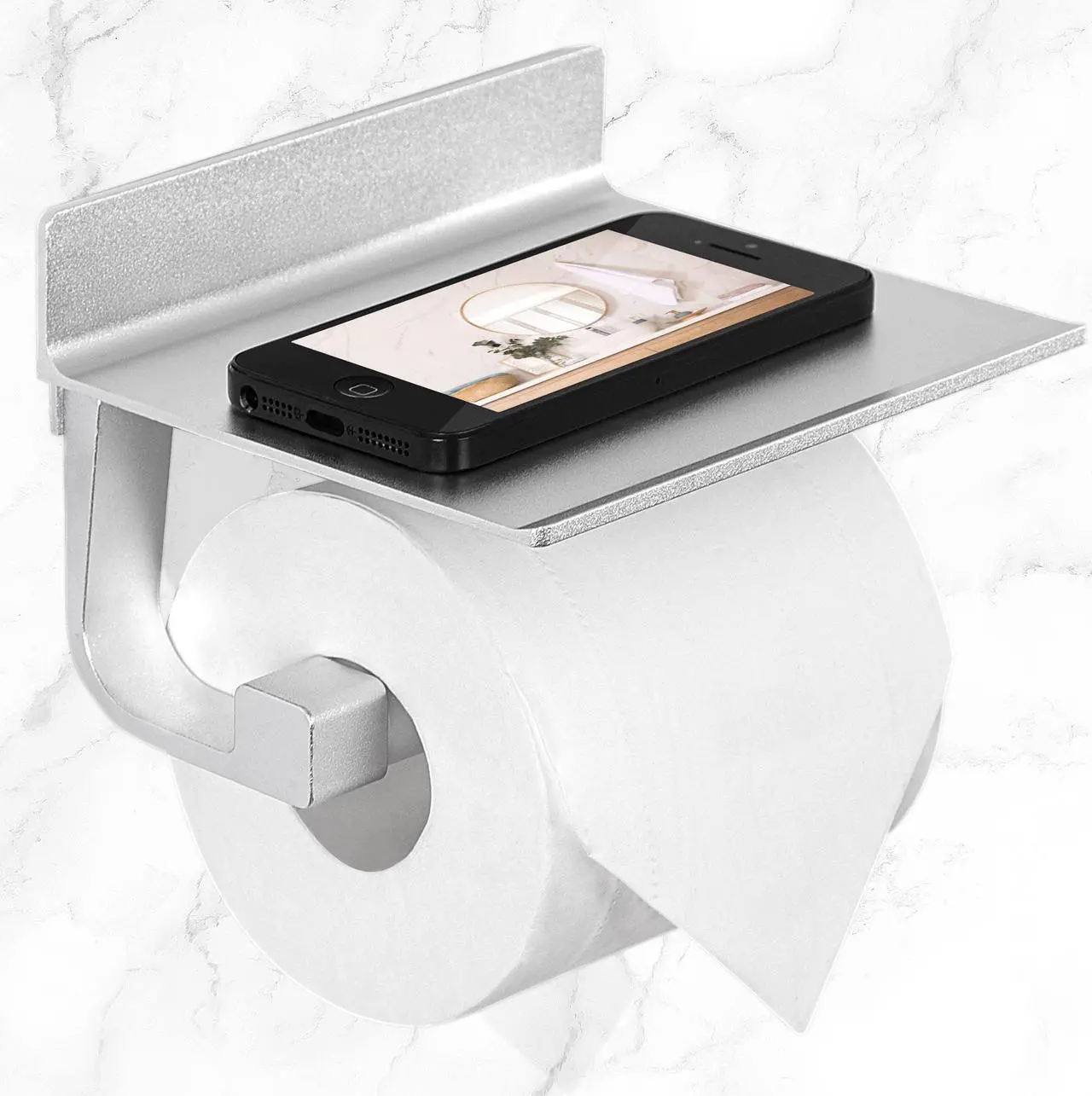 Alt view image 3 of 7 - Toilet Paper Holder with Phone Shelf No Drilling Tissue Towel Holder for Bathroom Adhesive Silver