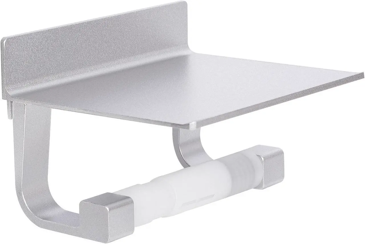Main image of Toilet Paper Holder with Phone Shelf No Drilling Tissue Towel Holder for Bathroom Adhesive Silver