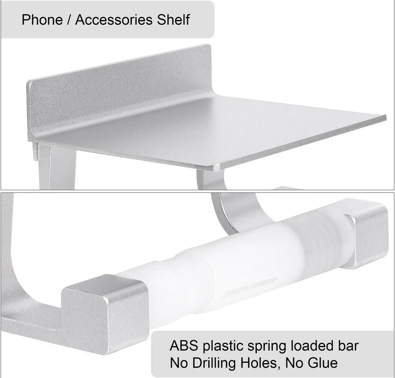 Alt view image 5 of 7 - Toilet Paper Holder with Phone Shelf No Drilling Tissue Towel Holder for Bathroom Adhesive Silver