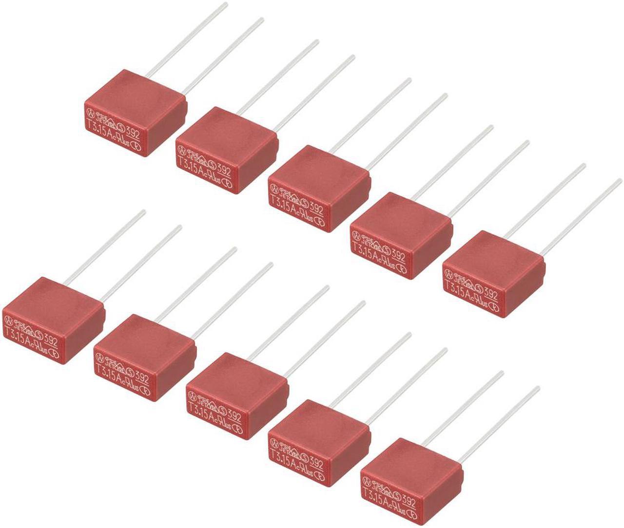 10Pcs DIP Mounted Miniature Square Slow Blow Micro Fuse T3.15A 3.15A 250V Red