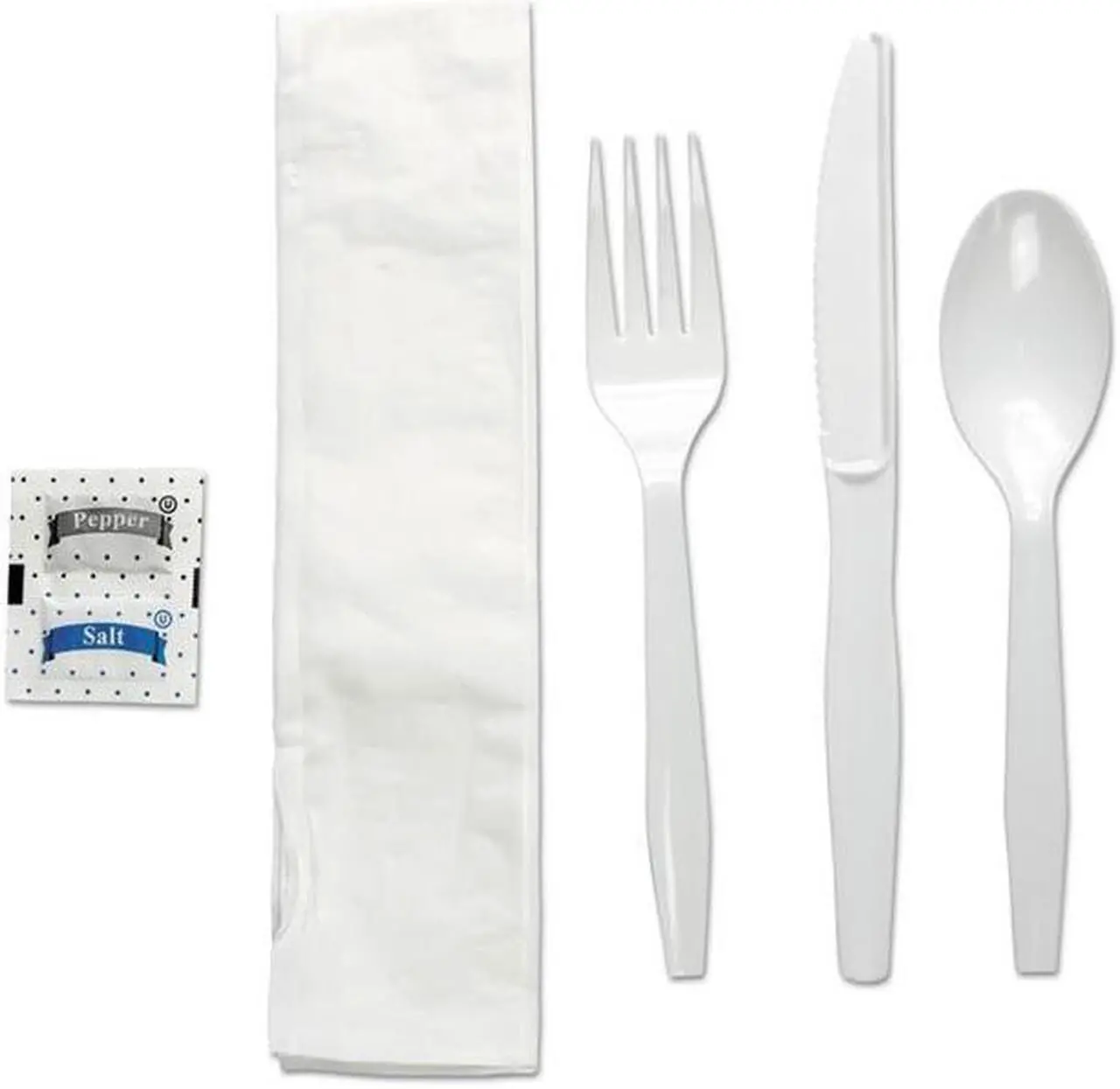 Main image of Boardwalk FKTNSMWPSWH Six-Piece Cutlery Kit, Condiment / Fork / Knife / Napkin / Teaspoon, White, 250 / Carton