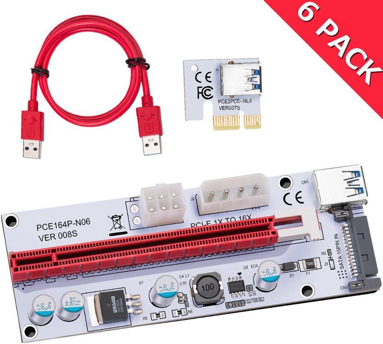 6-Pack Corn Electronics Updated Ver008S Mining Dedicated Riser Card PCI-E Express Cable 1x to 16x Ethereum ETH Mining 60cm USB 3.0 Cable 4 Solid Capacitors LED Indicator and Fuse Included