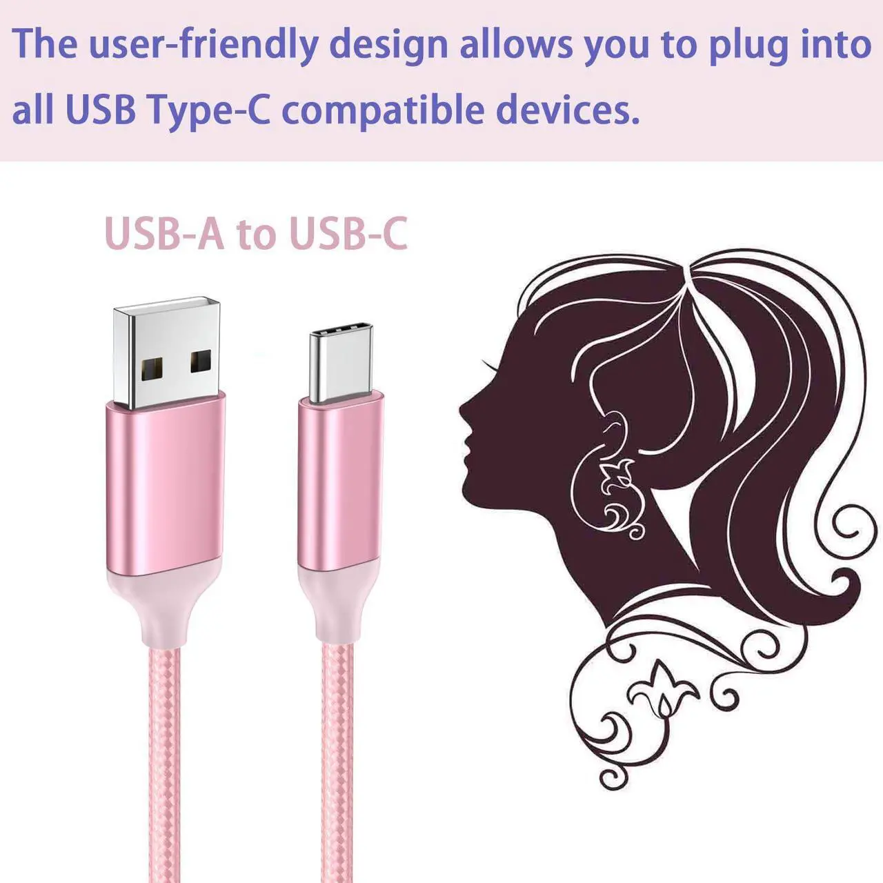 Alt view image 6 of 7 - USB C Cable Pink 10 ft 3-Pack, Long Quick Charger Cord, Android Type C Fast Charging Cable for OnePlus Nord N200/N100, LG Stylo 6 5 4, Samsung Galaxy S10 S9 S8 A31, Note 9 Plus, Tab S6/S5e, Sony PS5