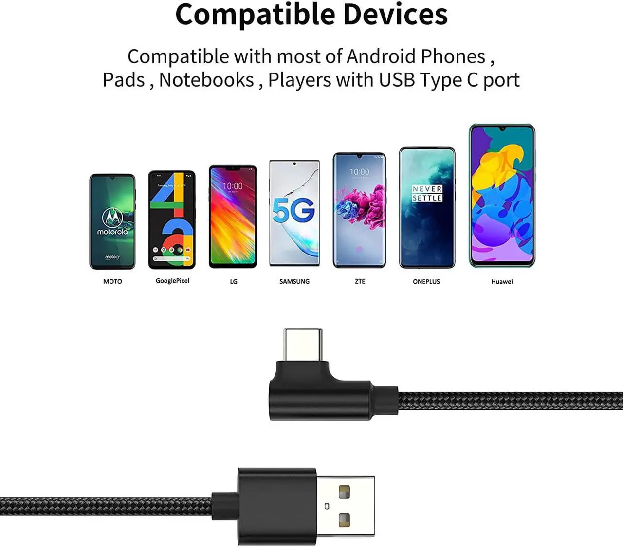 Alt view image 6 of 7 - 1ft Right Angle USB C Cable Fast Charging, 3 Pack 90 Degree USB A to USB Type C Cord Short 3A Compatible with Samsung Galaxy Note 10 S9 S10 S20 S21 Google Pixel 4a 5g LG Stylo 6 5 V60