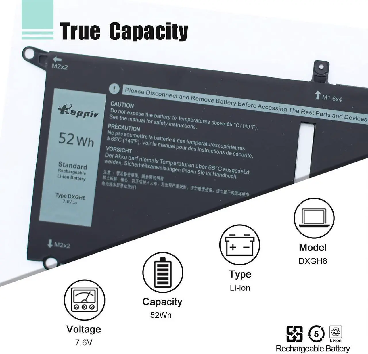 Alt view image 3 of 7 - BOWEIRUI DXGH8 Laptop Battery Replacement for Dell XPS 13 9370 9380 0H754V FHD 13-9370-D1705S Latitude 3301 Inspiron 5390 5391 7400 7490 Series G8VCF P82 (7.6V 52Wh 6500mAh)