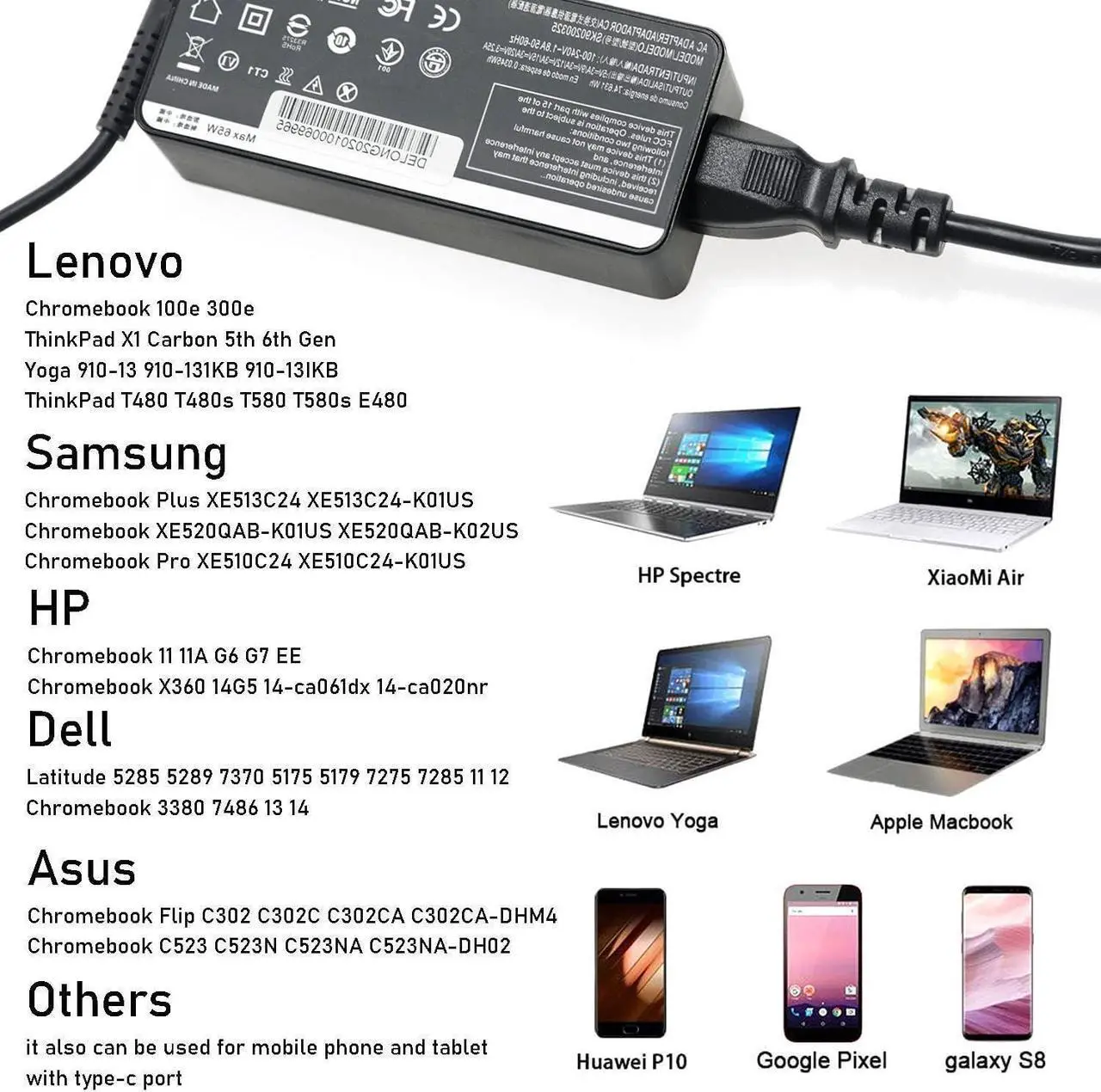 Alt view image 4 of 7 - USB C Laptop Charger 65W 45W for Lenovo Chromebook C330 S330 100e 300e Yoga C930 C940 S730 720 730 910 13 IdeaPad 730s ThinkPad X1 Carbon T480 T480s T570 T580 AC Adapter Power Supply