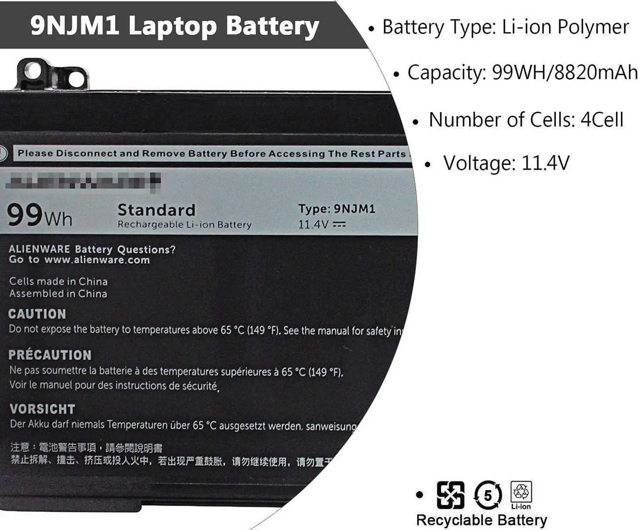Alt view image 3 of 5 - SWEALEER 9NJM1 Laptop Battery Compatible with Dell Alienware 15 R3 R4 17 R4 R5 Series Notebook MG2YH 0MG2YH 01D82 HF250 0546FF 44T2R[11.4V 99Wh 9NJM1]
