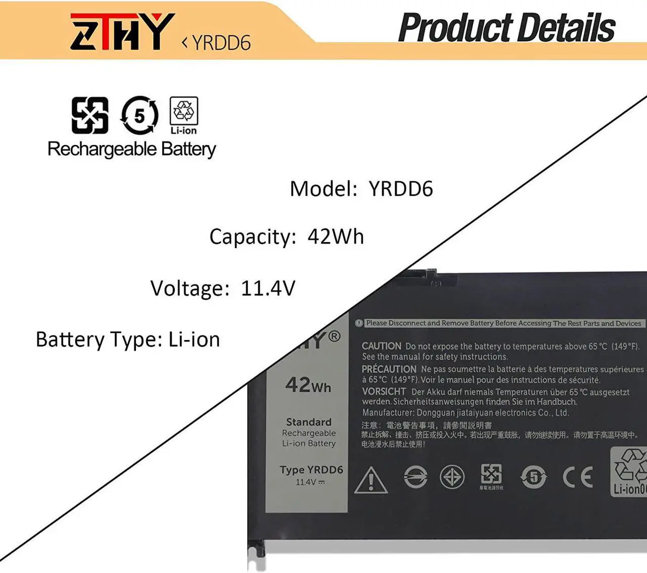 Alt view image 3 of 7 - YRDD6 Laptop Battery for Dell Inspiron 5482 5485 5488 5491 3310 2-in-1 7586 3493 3582 3593 3793 5493 5585 5593 5480 5590 5591 5594 5598 15 3583 3584 Vostro 3491 5481 5581 5490 1VX1H VM732 11.4V 42Wh