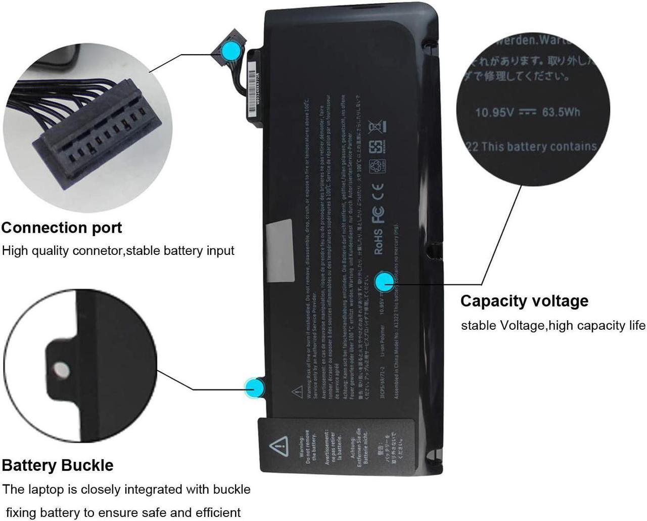 Alt view image 3 of 7 - A1322 A1278 Laptop Battery Replacement for MacBook Pro 13 inch (2012 2011 2010 2009 Version),MB990*/A MB990LL/A MB990J/A 020-6547-A 661-5229 661-5557 MacBook Pro 13 inch MacBook Pro mid 2012 Battery