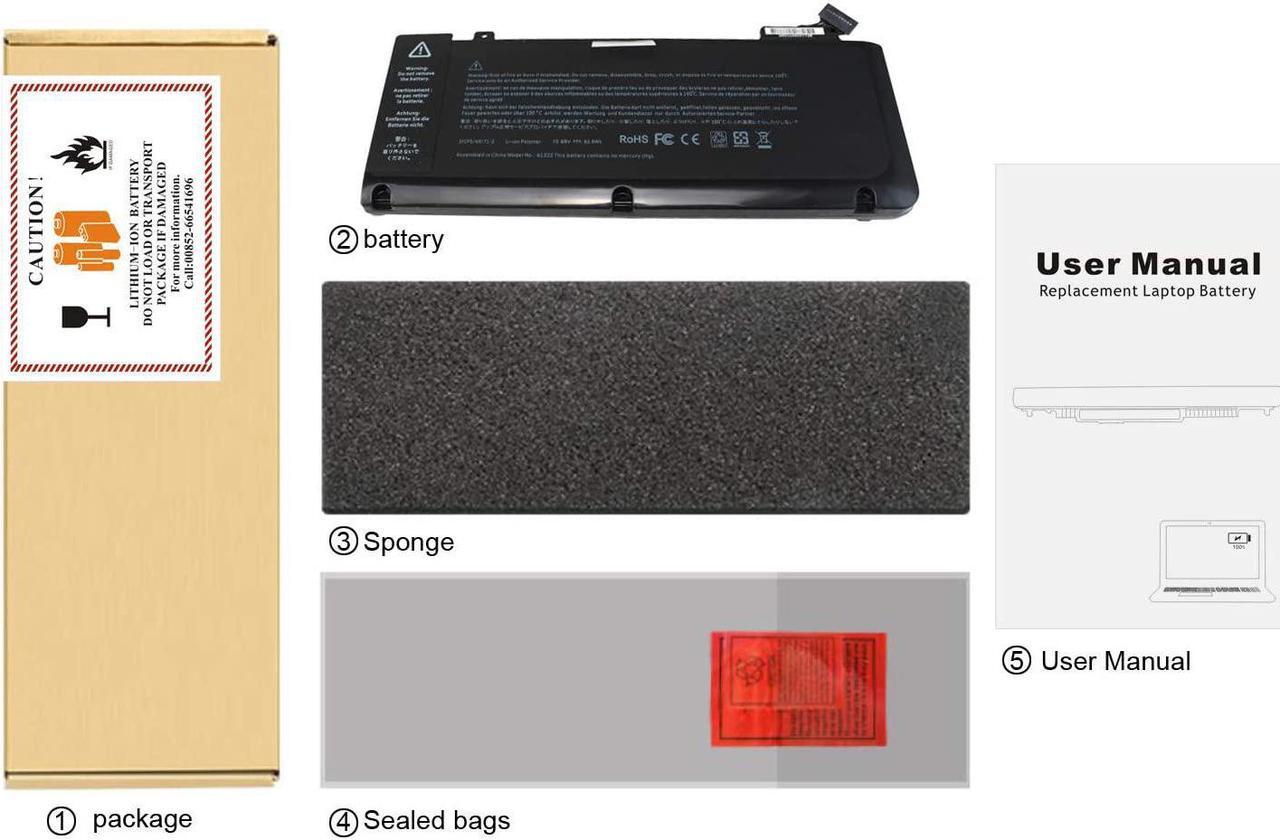 Alt view image 7 of 7 - A1322 A1278 Laptop Battery Replacement for MacBook Pro 13 inch (2012 2011 2010 2009 Version),MB990*/A MB990LL/A MB990J/A 020-6547-A 661-5229 661-5557 MacBook Pro 13 inch MacBook Pro mid 2012 Battery