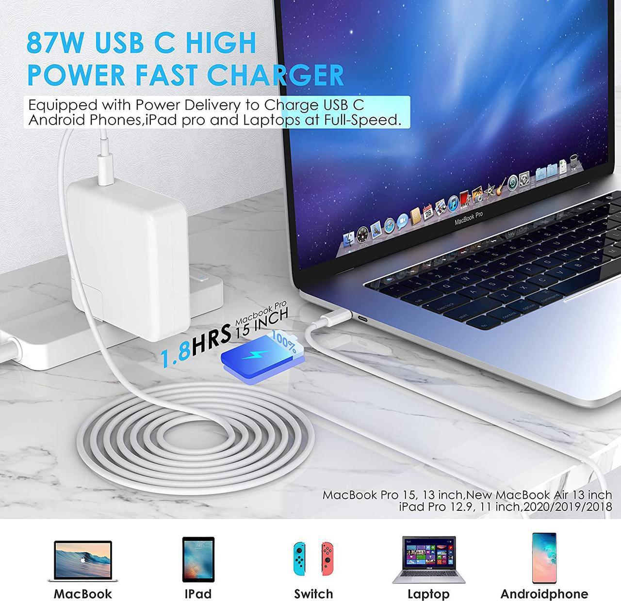 Alt view image 3 of 7 - YIESERRA 87W USB C Charger Power Adapter for Mac Pro 13,15 inch, New Mac air 13 inch 2018/2019/2020, iPad Pro 12.9, 11, Thunder Bolt 3 Power Supply