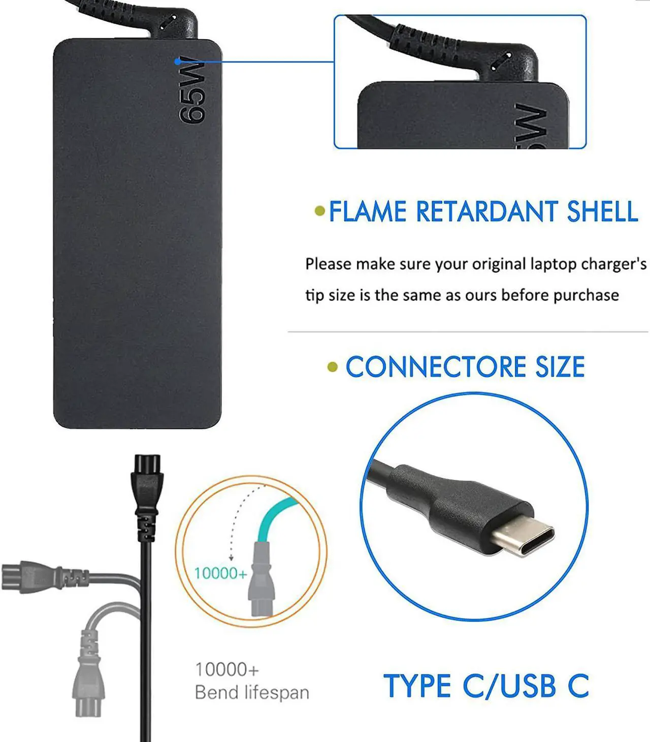 Alt view image 4 of 6 - 65W Type C Power Adapter, USB-C Charger for Lenovo Yoga C940 C740 S730 720 730 720-13IKB 730-13ikb 730S 910 920 920-13ikb 13 ThinkPad X1 Carbon