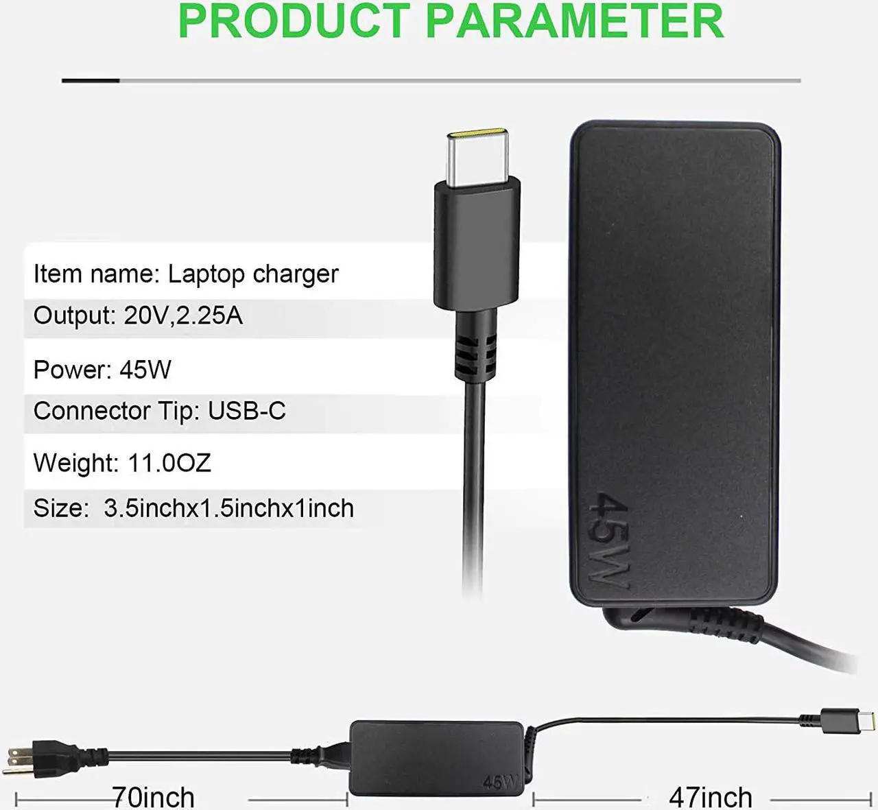 Alt view image 2 of 7 - USB-C 45W Chromebook Charger for Lenovo Type C USB-C Chromebook c330 100e 300e 500e ThinkPad Yoga L13 E14 E15 L14 L15 Series Laptop Power Supply Cord