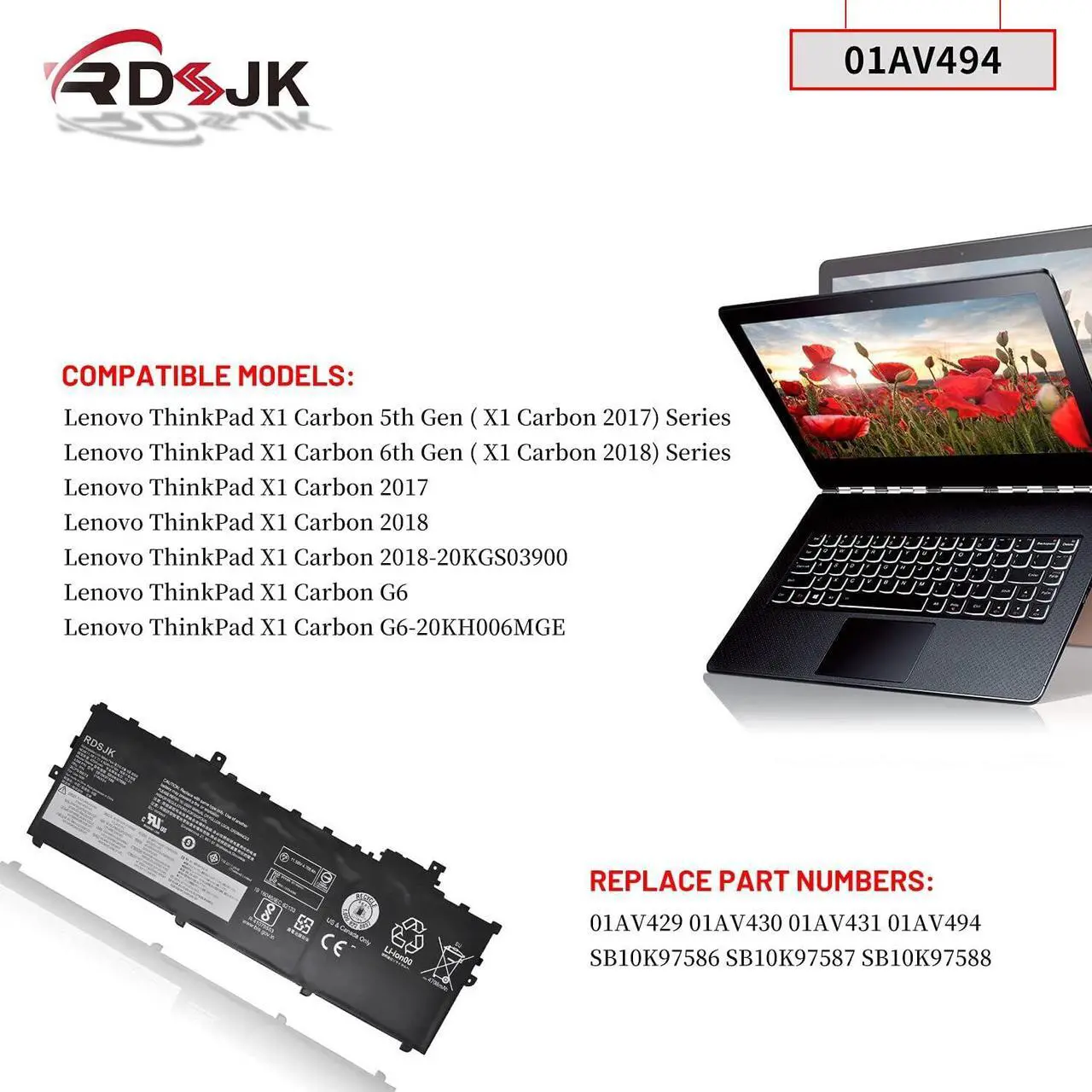 Alt view image 3 of 7 - 01AV429 01AV430 01AV431 01AV494 Laptop Battery for Lenovo ThinkPad X1 Carbon 5th Gen 2017 6th Gen 2018 Series SB10K97586 SB10K97587 SB10K97588 11.58V 57Wh