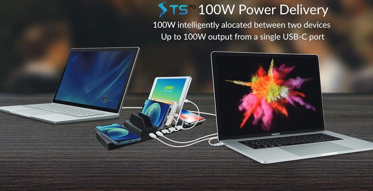 Alt view image 2 of 7 - Techsmarter 7-Port Charging Station with 100W Dual USB-C PD, Dual 15W Wireless Charger, Three 18W Fast Charging USB Ports. Compatible with MacBook, iPad, iPhone, Samsung, Dell, HP, ThinkPad, Yoga