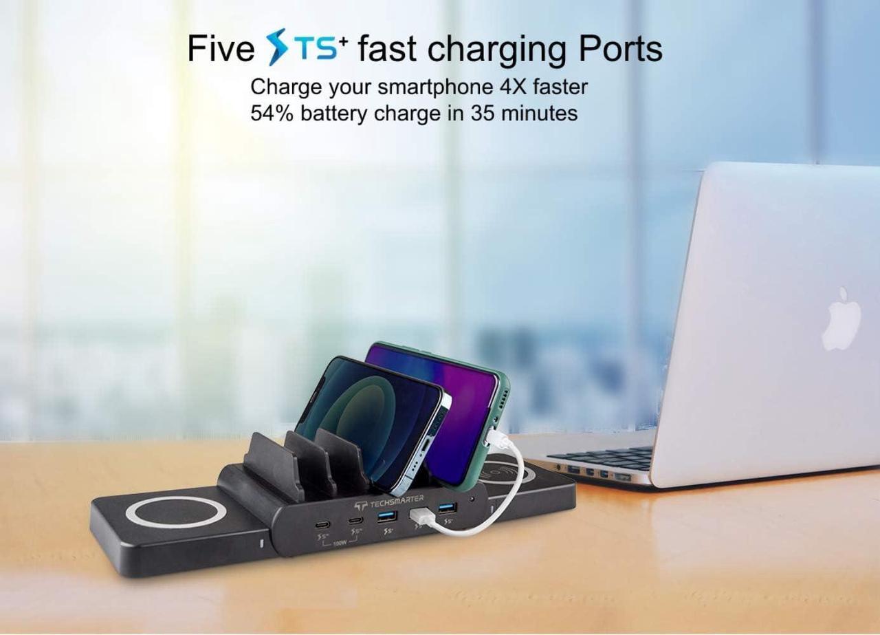 Alt view image 3 of 7 - Techsmarter 7-Port Charging Station with 100W Dual USB-C PD, Dual 15W Wireless Charger, Three 18W Fast Charging USB Ports. Compatible with MacBook, iPad, iPhone, Samsung, Dell, HP, ThinkPad, Yoga