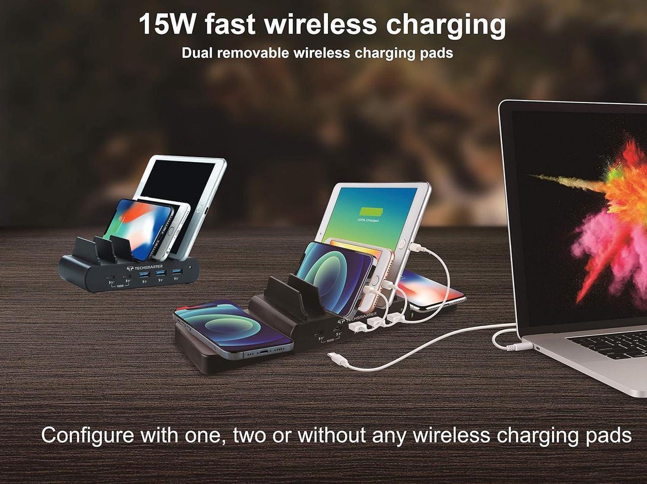 Alt view image 4 of 7 - Techsmarter 7-Port Charging Station with 100W Dual USB-C PD, Dual 15W Wireless Charger, Three 18W Fast Charging USB Ports. Compatible with MacBook, iPad, iPhone, Samsung, Dell, HP, ThinkPad, Yoga