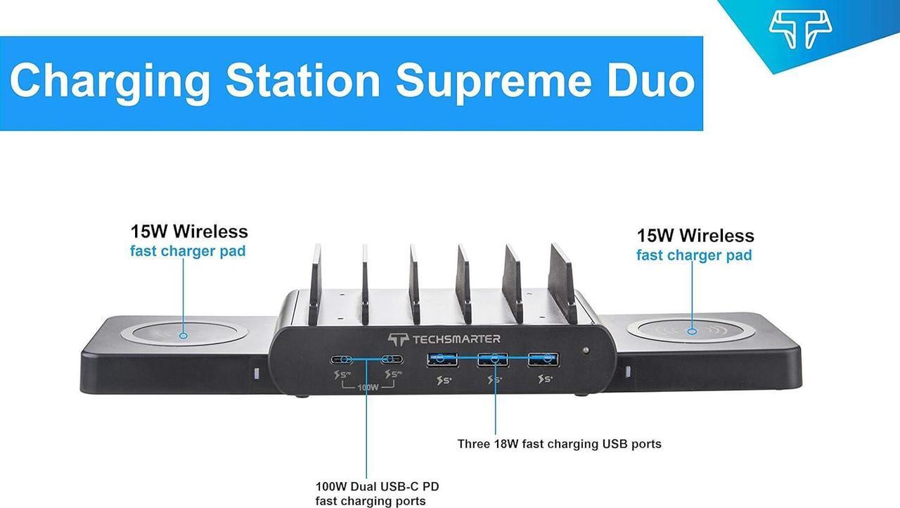 Alt view image 5 of 7 - Techsmarter 7-Port Charging Station with 100W Dual USB-C PD, Dual 15W Wireless Charger, Three 18W Fast Charging USB Ports. Compatible with MacBook, iPad, iPhone, Samsung, Dell, HP, ThinkPad, Yoga